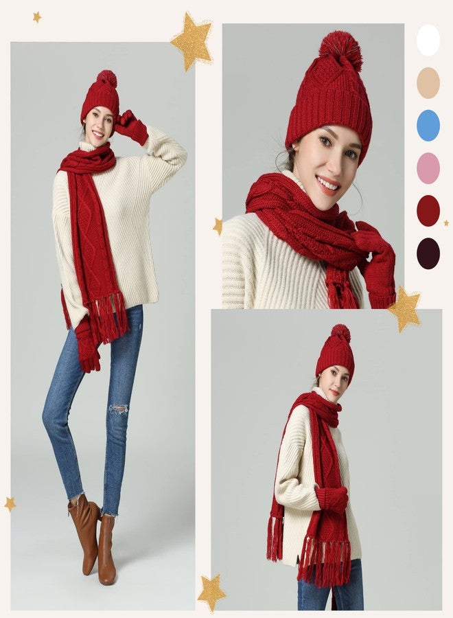 OROOTL Winter Scarf Gloves and Hat Set for Women, Beanie Hat Long Scarf Touchscreen Gloves, Warm 3 in 1 Set for Womens Girls Red - Image 5